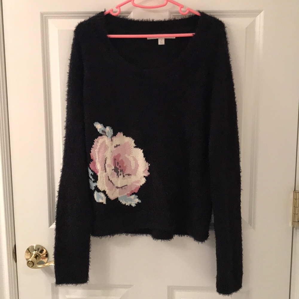 LC Lauren Conrad Black Fuzzy Rose Sweater
